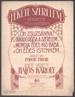 Fekete szerelem. Operette 1 felvonásban. Szövegét írta: Fodor Tibor. Zenéjét szerezte: Hajós Károly. Bp.-Lipcse, 1917, Rózsavölgyi és Társa (Pesti Könyvnyomda). Kotta. 4p. Kiadói szecessziós papírborítóban, apró szakadásokkal, borítón korabeli kereskedői bélyegzéssel és egy ceruzás jelöléssel.