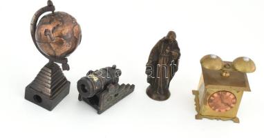 4 darab kis fém tárgy: ceruzahegyezők, bronz Jézus szobor, m: 9 cm alatt