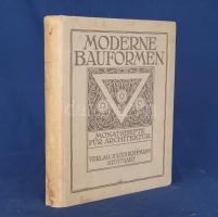 Moderne Bauformen. Monatshefte für Architektur und Raumkunst. Herausgegeben von Julius Hoffmann. XXVII. Jahrgang. [Teljes évfolyam, egybekötve.] (1928) Stuttgart, 1928. Verlag Julius Hoffmann (Druck der Hoffmanschen Buchdruckerei Felix Krais). [III]-X + [2] + 508 + [96] p. (hirdetések) + 44 t. (színes). Julius Hoffmann modernista építészeti, belsőépítészeti, urbanisztikai és bútorművészeti képes havi folyóirata 1902-1944 között jelent meg, oldalszámozáson belül rövidebb építészeti cikkekkel és igen gazdag fotóanyaggal. 1928. évi lapszámaink döntően a Bauhaus irányzatába sorolható megvalósított és megvalósításra váró terveket közöl, számos esetben alaprajzzal kiegészítve. A képanyag tekintélyes hányada épület-enteriőröket: lépcsőházakat, szalonokat, tágas, nap járta irodabelsőket, tárgyalókat, lakásbelsőket jelenít meg, időről időre városközpont-tervekkel, ipari és szórakoztatóipari tervekkel kiegészítve. Évfolyamunk a családiház-terveken, a munkás lakónegyedek urbanisztikai tervezetein és a bútorarchitektúra gazdag képanyagán kívül beszámol a modernista építészet olyan jelen kortárs példáiról, mint amilyen a Limburg an der Lahn városában épült, betonépítészeti formákban bővelkedő római katolikus St. Marien templom, a kereskedelmi és szórakoztatóipari célzattal épült, vállalati irodák mellett art deco ihletésű mulatóknak helyet adó stuttgarti, monumentális Hindenburg-épület, mely a vele szemben épült, egyszerre nyomasztóan birodalmi léptékű és egyszerre modernista stílusú stuttgarti pályaudvar épülettömegének ellensúlyozására készült. Hasonlóan hosszú fotódokumentációt kap Köln városának Rajna-parkja, illetve az abban épült modernista kiállítóterem és mulatónegyed, a Rheinhallen. Az épületek egyedül itt tanulmányozhatóak eredeti formájukban, hiszen valamennyit jelentős kár érte a második világháborúban, átépítésük után pedig kisebb változásokat éltek meg. Példányunk két levelének fűzése meggyengült. Aranyozott gerincű, illusztrált, enyhén foltos kiadói egészvászon kötésben. Jó példány.