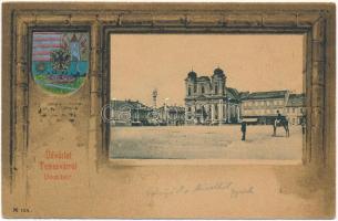 1902 Temesvár, Timisoara; Domtér, Szentháromság szobor. Címeres szecessziós litho keret / cathedral square, trinity statue. Art Nouveau, coat of arms, litho