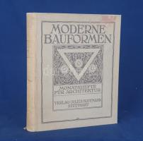 Moderne Bauformen. Monatshefte für Architektur und Raumkunst. Herausgegeben von Julius Hoffmann. XXVIII. Jahrgang. [Teljes évfolyam, egybekötve.] (1929) Stuttgart, 1929. Verlag Julius Hoffmann (Druck der Hoffmanschen Buchdruckerei Felix Krais). [III]-XI + [1] + 536 p. + 48 t. (színes). Julius Hoffmann modernista építészeti, belsőépítészeti, urbanisztikai és iparművészeti képes havi folyóirata 1902-1944 között jelent meg, oldalszámozáson belül rövidebb építészeti cikkekkel és igen gazdag fotóanyaggal. 1929. évi lapszámaink döntően a Bauhaus irányzatába sorolható megvalósított és megvalósításra váró terveket közöl, számos esetben alaprajzzal kiegészítve. A képanyag tekintélyes hányada épület-enteriőröket: lépcsőházakat, szalonokat, tágas, nap járta irodabelsőket, tárgyalókat, lakásbelsőket jelenít meg, időről időre városközpont-tervekkel, ipari és szórakoztatóipari tervekkel kiegészítve. Évfolyamunk érdekessége a villaépítészet kettős jellege: az év magán célú családiház-tervezeteiben egymás mellett sorakoznak a sátortetős, tradicionális német udvarházi megoldások és a telivér Bauhaus-megoldások, ami arra utal, hogy a modern stílus elfogadottsága növekvő mértékű ugyan, de még mindeig bőséges az igény a hagyományos megoldásokra is. Az évfolyamunkban bemutatott bérházakban, kereskedelmi és ipari létesítményekben viszont már dominálnak a modernista megoldások. Az évfolyam nagyobb terjedelmet szentel a mannheimi Capitol mozi és a berlini H. Israel üzletház belsőépítészeti megoldásainak, illetve hosszú cikk részletezi a Norddeutschen Lloyd hajózási társaság ,,Bremen" névre hallgató luxusgőzösének art decóba hajló belsőépítészetét.  Példányunk címoldalán és az azt követő levélen apró javítás. Aranyozott gerincű, illusztrált, enyhén foltos kiadói egészvászon kötésben. Jó példány.