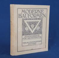 Moderne Bauformen. Monatshefte für Architektur und Raumkunst. Herausgegeben von Julius Hoffmann. XXIX. Jahrgang. [Teljes évfolyam, egybekötve.] (1930) Stuttgart, 1930. Verlag Julius Hoffmann (Druck der Hoffmanschen Buchdruckerei Felix Krais). X + [2] + 564 p. + 74 t. (49 színes, 15 kétoldalas). Julius Hoffmann modernista építészeti, belsőépítészeti, urbanisztikai és iparművészeti képes havi folyóirata 1902-1944 között jelent meg, oldalszámozáson belül rövidebb építészeti cikkekkel és igen gazdag fotóanyaggal. 1930. évi lapszámaink döntően a Bauhaus irányzatába sorolható megvalósított és megvalósításra váró terveket közöl, számos esetben alaprajzzal kiegészítve. A képanyag tekintélyes hányada épület-enteriőröket: lépcsőházakat, szalonokat, tágas, nap járta irodabelsőket, tárgyalókat, lakásbelsőket jelenít meg, időről időre városközpont-tervekkel, ipari és szórakoztatóipari tervekkel kiegészítve. Évfolyamunk lapszámaiban az idegenforgalmi tematika kimondottan erős. Az 1929-ben befejezett, egész háztömböt elfoglaló bochumi ,,Parkhotel Haus Rache" idegenforgalmi jelentőségéhez mért terjedelmet kap. A Ruhr-vidék egyik legdrágább szállodája a technikai megoldások legjavát kínálta, a jeles éjszakai lehetőségekkel bíró hotel art deco enteriőrjét számos felvétel örökíti meg. Ugyanezen év későbbi lapszáma a Halle an der Saale településén nyílt ,,Hotel Goldene Kugel" építészeti és belsőépítészeti részleteit taglalja. A két épületre azonos sors várt, a második világháborúban megsemmisültek. Fennmaradt és a mai napig is áll viszont az expresszionista építészet remeke, a gelsenkircheni Hans-Sachs-Haus, mely a városi adminisztrációnak ad otthont, valamint rendezvénytermeknek. A lapszámok beszámolnak továbbá a moszkvai modernista építészet fejleményeiről, Háy Gyula gazdagon illusztrált cikke pedig bemutatja Kozma Lajos kortárs kereskedelmi enteriőrjeit (Magyar Divatcsarnok, Budapest), illetve néhány vidéki, Bauhaus stílusban épült villáját. Aranyozott gerincű, illusztrált, enyhén foltos kiadói egészvászon kötésben. Jó példány.