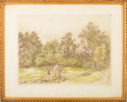 Elekfy Jenő (1895-1968): Erdei út. Színezett rézkarc, papír, jelzett, kissé foltos, üvegezett keretb...