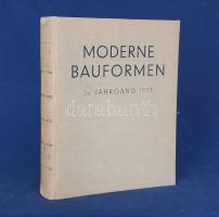 Moderne Bauformen. Monatshefte für Architektur und Raumkunst. Herausgegeben von Julius Hoffmann. XXX. Jahrgang. [Teljes évfolyam, egybekötve.] (1931) Stuttgart, 1931. Verlag Julius Hoffmann (Druck der Hoffmanschen Buchdruckerei Felix Krais)., XI + [1] + 635 + [1] p. + 46 p. (42 színes, 4 kétoldalas). Julius Hoffmann modernista építészeti, belsőépítészeti, urbanisztikai és bútorművészeti képes havi folyóirata 1902-1944 között jelent meg, oldalszámozáson belül rövidebb építészeti cikkekkel és igen gazdag fotóanyaggal. 1931. évi lapszámaink döntően a Bauhaus irányzatába sorolható megvalósított és megvalósításra váró terveket közöl, számos esetben alaprajzzal kiegészítve. A képanyag tekintélyes hányada épület-enteriőröket: lépcsőházakat, szalonokat, tágas, nap járta irodabelsőket, tárgyalókat, lakásbelsőket jelenít meg, időről időre városközpont-tervekkel, ipari és szórakoztatóipari tervekkel kiegészítve. Évfolyamunk talán az első a folyóirat történetében, amelyből eltűnnek a régi építészet sátortetős hagyományai, immár a bemutatott villák és udvarházak is túlnyomórészt a Bauhaus modernizmusának jegyében készülnek. A modernizmus jegyében rövidebb cikk születik a gyorséttermek építészetéről és belsőépítészetéről (berlini és los angelesi példákkal); modern lakóparkokat is láthatunk; bemutatkozik az új, art deco belsőépítészeti megoldásokat mutató épületbe költözött hamburgi Kunstverein kiállítótér; a hamburgi szórakoztatóipari komplexum: a mulatókat, éttermeket és hatalmas mozitermet magába foglaló Deutschlandhaus, éttermeivel és táncterével; bepillantást nyerünk az amszterdami Telegraaf szerkesztőségi épületének építészeti megoldásaiba (részletes keresztmetszeti és alaprajzzal); a nyomdának is helyet adó magdeburgi Zeitung-Hochhaus is bemutatkozik; Hajós Alfréd margitszigeti Nemzeti Uszodája is bemutatásra kerül, és csaknem teljes lapszám méltatja Kozma Lajos magyarországi villa- és belsőépítészetét. 25 levélen felül apró sérülés és szövegtükröt nem érintő hiány, néhány levélen és táblán apró szakadásnyom.  Feliratozott kiadói egészvászon kötésben. Jó példány.