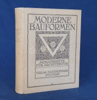 Moderne Bauformen. Monatshefte für Architektur und Raumkunst. Herausgegeben von Julius Hoffmann. XXXII. Jahrgang. [Teljes évfolyam, egybekötve.] (1933) Stuttgart, 1933. Verlag Julius Hoffmann (Druck der Hoffmanschen Buchdruckerei Felix Krais) XI + [1] + 686 + [32] p. + 30 t. (színes). Julius Hoffmann modernista építészeti, belsőépítészeti, urbanisztikai és iparművészeti képes havi folyóirata 1902-1944 között jelent meg, oldalszámozáson belül rövidebb építészeti cikkekkel és igen gazdag fotóanyaggal. 1933. évi lapszámaink belsőépítészeti és külföldi építészeti cikkei döntően a Bauhaus irányzatába sorolható megvalósított és megvalósításra váró terveket közöl, számos esetben alaprajzzal, típustervvel kiegészítve. A képanyag tekintélyes hányada épület-enteriőröket: lépcsőházakat, szalonokat, tágas, nap járta irodabelsőket, tárgyalókat, lakásbelsőket jelenít meg, időről időre városközpont-tervekkel, ipari és szórakoztatóipari tervekkel kiegészítve. A hegyvidéki turizmus és építészet bemutatása jegyében évfolyamunkban markánsabb számban tűnnek fel az alpesi jellegű faépítészet kitűnő munkái és tervei, az évfolyam későbbi számaiban pedig a német villa- és sorházépítészetben ismét feltűnnek a sátortetők. Mindez talán nem teljesen független a nemzetiszocialista rezsim kiépülésétől: 1933 első felében - miként arról a nemzetközi és a magyar szaksajtó is hírt adott - a német állam betiltotta a züllöttnek tekintett lapos tetős építkezést, legalábbis a birodalmi fővárosra, Berlinre vonatkozóan. - Építészeti vonatkozásai miatt hosszú méltatást kap a Milánóban tartott V. Építészeti Triennálé, és egyben az ott fő kiállítóként felvonuló olasz építőművészet is, a kiállítóterek monumentális, ám mégiscsak modernista, sőt, avantgárdba hajló részleteivel. Az olasz építészet további részleteit tartogatja a Lloyd Triestino hajótársaság által üzemeltetett három olasz óceánjáró, a ,,Victoria, az ,,Oceania és a ,,Neptunia hajók art deco hatásokban bővelkedő belsőépítészeti részleteit méltató cikk. - A Stuttgartban tartott XV. Német Tornafesztivál építészeti megoldásain szintén elidőz a folyóirat, az itteni fotó- illetve illusztrációs anyagon tapasztható először a nemzetiszocialista rezsim jelenléte, részben az alaprajzok névanyagában, részben a tribünön fotózott közönség karlendítésében, illetve beszédes az is, hogy a versenypályáról készített akvarell zászlói között feltűnik a hivatalossá lett horogkeresztes zászló. A németországi modernista cikkek között kitűnik a templomépítész Dominikus Böhm négy új római katolikus temploma, többek közt a köln-hohenlindi Szent Erzsébet-templom nagyszerű épülettömbje, beltere. A Bauhaus stílusában épített villaépítészet példáit Kozma Lajos rózsadombi munkásságáról írt cikkben böngészhetni. Aranyozott gerincű, illusztrált kiadói egészvászon kötésben. Jó példány.