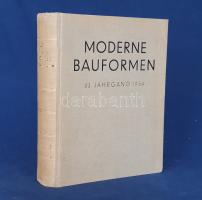 Moderne Bauformen. Monatshefte für Architektur und Raumkunst. Herausgegeben von Julius Hoffmann. XXXIII. Jahrgang. [Teljes évfolyam, egybekötve.] (1934) Stuttgart, 1934. Verlag Julius Hoffmann (Druck der Hoffmanschen Buchdruckerei Felix Krais - Stuttgarter Vereinsbuchdruckerei AG. - Omnitypie-Gesellschaft Nachf. Leopold Zechnall). XII + [4] + 704 p. + 32 t. (színes). Julius Hoffmann modernista építészeti, belsőépítészeti, urbanisztikai és iparművészeti képes havi folyóirata 1902-1944 között jelent meg, oldalszámozáson belül rövidebb építészeti cikkekkel és igen gazdag fotóanyaggal. 1934. évi lapszámaink belsőépítészeti és külföldi építészeti cikkei döntően a Bauhaus irányzatába sorolható megvalósított és megvalósításra váró terveket közöl, számos esetben alaprajzzal, típustervvel kiegészítve. A németországi kivitelezésű villaépítészetben és középület-építészetben némi elmozdulás tapasztalható: az 1933-ban hatalomra jutó nemzetiszocialista rezsim ugyanis betiltotta a lapos tetejű építkezést, mivel azok nézete szerint züllött szellemre utalnak. A folyóirat németországi kivitelezésű villái, sorházai, kisházai és lakossági típusházai így folyóiratunkban csaknem minden példában sátortetős kivitelezést nyertek. A külföldi: bécsi, brünni, prágai, karlsbadi, le havre-i és berni terveknél effajta tiltás nem tapasztalható, úgyszintén nem vonatkozik a tiltás a belföldi töltőállomás- és strandépítészetre, ezek formakincsében szépen továbbélnek a Bauhaus elvei. Érdekes hozadéka évfolyamunknak, hogy az enteriőrökben feltűnő számban tűnik fel egy új jelenség, a falak világtérképekkel való díszítése. A képanyag az előző évekhez hasonlóan tekintélyes hányadban épület-enteriőröket: lépcsőházakat, szalonokat, tágas, nap járta irodabelsőket, tárgyalókat, lakásbelsőket jelenít meg, a belső architektúra modernista elvei nem változtak. - Lapszámainkban hosszabb, illusztrált cikket kap Le Havre városának modernista központi pályaudvara, Genova kikötőjének ipari építészete, a Lloyd Triestino hajótársaság ,,Conte di Savoia" nevű óceánjárójának belső architektúrája, és érdekes - a német lakásínséget enyhítő - jelenség a kisházas típustervek hosszú, gazdagon illusztrált és dokumentált közreadása. Szintén új jelenség az évfolyamunkban megjelenő kertépítészeti cikkek sora. Példányunk első ívének fűzése meglazult. Feliratozott kiadói egészvászon kötésben. Jó példány.