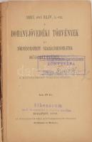 1887. évi XLIV. t.-cz. A Dohányjövedéki törvények és törvényesített szabályrendeletek módosításából. Kiegészítve a rávonatkozó törvényekkel. Bp., 1888, Eggenberger, 31 p. Félvászon-kötésben, sérült címlappal és kötéssel, régi intézményi bélyegzéssel, 16x10 cm.