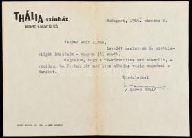 1966 Keres Emil (1925-2016) színész, színházigazgató saját kézzel aláírt, gépelt gratulációja a Thal...