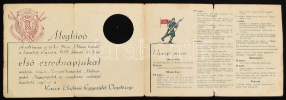 1938 A volt kassai cs. és kir. 34-es Vilmos bakák első ezrednapja a hazatért Kassán. Meghívó, gyűrőd...