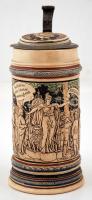 Német kerámia söröskorsó ón tetővel, idealizált képpel, tetőn Babel Liebknecht képmásával, oldalt &q...