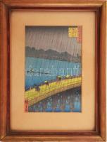 Utagawa Hiroshige. Famous Places in Kyoto ca 1920. Színezett fametszet, Jelzett a nyomaton, Üvegezett keretben. / Woodblock print 14x8,5 cm