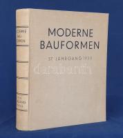 Moderne Bauformen. Monatshefte für Architektur und Raumkunst. Herausgegeber Herbert Hoffmann. XXXVII. Jahrgang. [Teljes évfolyam, egybekötve.] (1938) Stuttgart, 1938. Verlag Julius Hoffmann (Druck der Hoffmanschen Buchdruckerei Felix Krais - Stuttgarter Vereinsbuchdruckerei AG. - Omnitypie-Gesellschaft Nachf. Leopold Zechnall). XV + [1] + 680 p. + 31 t. (29 színes, egy kihajtható). Julius Hoffmann modernista építészeti, belsőépítészeti, urbanisztikai és iparművészeti képes havi folyóirata 1902-1944 között jelent meg, oldalszámozáson belül rövidebb építészeti cikkekkel és igen gazdag fotóanyaggal, homlokzatrajzokkal, keresztmetszeti és alaprajzokkal, típustervekkel. A folyóirat 1933 előtt kimondottan a modernista, Bauhaus-elvű építészet eredményeit tette közzé, 1933-at követően belsőépítészetben és bútorművészetben modernista marad, ám a németországi villa- és középület-építészet elvei kissé megváltoznak, egy rendelet miatt, amely 1933-as dátummal betiltotta a lapos tetős építkezést, annak vélelmezetten züllött szelleme miatt - az uralomra jutó nemzetiszocialista vezetés legalábbis annak tartotta a Bauhaust. A lapos tetős, Bauhaus-elvű építkezést folyóiratunkban így csupán a külföldi - dán, francia, cseh, osztrák épületekben tanulmányozhatjuk, a németországi lakó-, iskola- és irodaépületek - a monumentális kiállítási és sportlétesítményeket leszámítva - sátortetővel készültek. Ezzel párhuzamosan a belsőépítészeti megoldások között feltűnnek az ónémetnek vélt rönképítkezés, a rusztikus bútortervezés elemei: különösen az egyedi német nemzeti szellemet sugalló ifjúsági szállások, fogadók esetében, illetve feltűnő kettős jelenség a népi jelenteket megjelenítő, figurális falfestészet feltűnése, illetve a falfelületek térképekkel való borítása. Évfolyamunk megszaporodik az állampárthoz kötődő épületek száma, a kapcsolódó ikonográfiai elemekkel, sas- és szvasztikamotívumok minduntalan feltűnnek épülethomlokzatokon, enteriőrökben és zászlókon. A birodalmi esztétikától eltérő elveket sugall viszont az évfolyam strand-összeállítása, a külföldi: norvég, lengyel, spanyol strandok továbbra is telivér Bauhaus-épületek, a németországi töltőállomások pedig továbbra is a lapos tetős modernizmus - a birodalmi autópályák pedig a monumentalitás jegyében épülnek. Feliratozott kiadói egészvászon kötésben. Jó példány.