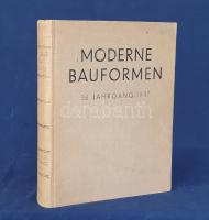 Moderne Bauformen. Monatshefte für Architektur und Raumkunst. Herausgegeber Herbert Hoffmann. XXXVI. Jahrgang. [Teljes évfolyam, egybekötve.] (1937) Stuttgart, 1937. Verlag Julius Hoffmann (Druck der Hoffmanschen Buchdruckerei Felix Krais - Stuttgarter Vereinsbuchdruckerei AG. - Omnitypie-Gesellschaft Nachf. Leopold Zechnall). XV + [1] + 652 p. + 29 t. (színes) + 1 térkép (kétszínnyomású). Julius Hoffmann modernista építészeti, belsőépítészeti, urbanisztikai és iparművészeti képes havi folyóirata 1902-1944 között jelent meg, oldalszámozáson belül rövidebb építészeti cikkekkel és igen gazdag fotóanyaggal, homlokzatrajzokkal, keresztmetszeti és alaprajzokkal, típustervekkel. A folyóirat 1933 előtt kimondottan a modernista, Bauhaus-elvű építészet eredményeit tette közzé, 1933-at követően belsőépítészetben és bútorművészetben modernista marad, ám a németországi villa- és középület-építészet elvei kissé megváltoznak, egy rendelet miatt, amely 1933-as dátummal betiltotta a lapos tetős építkezést, annak vélelmezetten züllött szelleme miatt - az uralomra jutó nemzetiszocialista vezetés legalábbis annak tartotta a Bauhaust. A lapos tetős, Bauhaus-elvű építkezést folyóiratunkban így csupán a külföldi - dán, francia, cseh, osztrák építőművészet példáiban tanulmányozhatjuk, a németországi lakó-, iskola- és irodaépületek - a monumentális kiállítási és sportlétesítményeket leszámítva - sátortetővel készültek. Ezzel párhuzamosan a belsőépítészeti megoldások között feltűnnek az ónémetnek vélt rönképítkezés, a rusztikus bútortervezés elemei (Adoph Hitler-Jugendherberge), illetve a népi jeleneteket megjelenítő, figurális falfestészet darabjai. Évfolyamunkban több urbanisztikai cikk is születik, Koppenhága jelenlegi, illetve München és Drezda történelmi urbanisztikájáról. Lapszámaink beszámolnak az 1937. évi düsseldorfi építészeti kiállításról, és hosszan méltatják Németország kiállítási épületeit a párizsi kiállításon: a német birodalmi építészet monumentális jellege azonnal felmérhető a képeken, csakúgy, mint a Nürnbergbe - a mozgalom városába - tervezett Német Stadion épületcsoportján. Példányunk középső íveinek fűzése - a 287. és 498. oldal között - meglazult. Feliratozott kiadói egészvászon kötésben.