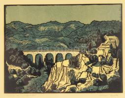 Kőhegyi Gyula (1933-):Sziklás táj viadukttal. Színes linó, papír, jelzett, üvegezett keretben, 21×28 cm