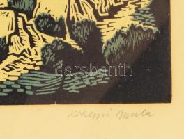 Kőhegyi Gyula (1933-):Sziklás táj viadukttal. Színes linó, papír, jelzett, üvegezett keretben, 21×28...