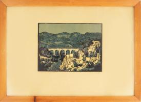 Kőhegyi Gyula (1933-):Sziklás táj viadukttal. Színes linó, papír, jelzett, üvegezett keretben, 21×28...