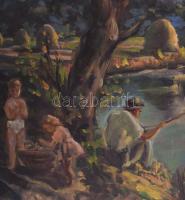 Jelzés nélkül: Arkádia. Olaj, vászon, több szakadással 80x100 cm