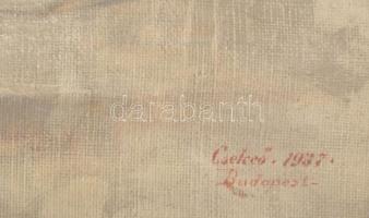 Olvashatatlan jelzéssel. Fekvő női akt, 1937. Olaj, vászon. Sérült 30x50 cm