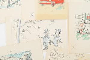 Szegő Gizi (1902-1985): Karikatúrák vázlatai, 10 db. Vegyes technika, papír, mind jelzett. Mindegyik...