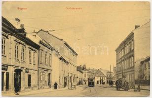 Sopron, Ó-Gabona tér, villamos, Tamás János üzlete. W.L., Novák László kiadása (fl)