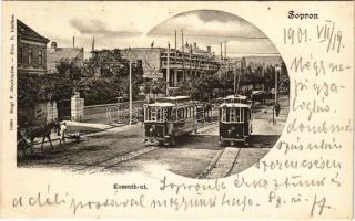 1901 Sopron, Kossuth út, villamosok, építkezés. Stagl F. fényképész, Blum. N. kiadása