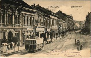 1906 Miskolc, Széchenyi utca, villamos, Langer Sámuel üzlete, könyvnyomda. Ferenczi B. kiadása