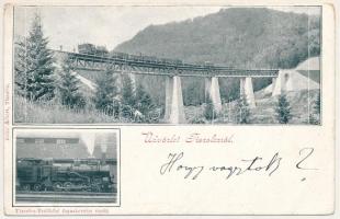 1902 Tiszolc, Tisovec; Tiszolcz-Erdőközi fogaskerekű vasúti viadukt, gőzmozdony, vonat. Kohn Albert kiadása / Tisovec-Bánovo cogwheel railway bridge, viaduct, locomotive, train (EB)