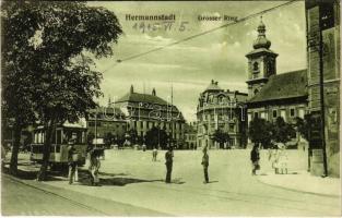 1915 Nagyszeben, Hermannstadt, Sibiu; Grosser Ring / Nagy tér, villamos. G.A. Seraphin, Jos. Drotleff / square, tram