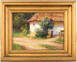 Szontágh Tibor (1873-1930): Falusi ház. Olaj, vászon, jelzett (jobbra lent). Dekoratív, fakeretben, a kereten sérülésekkel, 26x34 cm