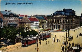 1924 Pozsony, Pressburg, Bratislava; Mestské divadlo / Városi színház, villamosok / theatre, trams