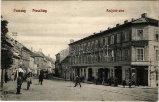 1910 Pozsony, Pressburg, Bratislava; Széplak utca, villamos, Paternos Viktória féle elemi és polgári leány iskola, Schönbeck Ferenc üzlete / street, tram, shops, private girl school (fl)