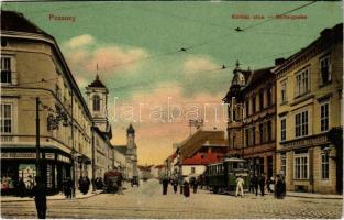 Pozsony, Pressburg, Bratislava; Kórház utca, villamos, Hackenberger Testvérek üzlete, kereskedés / Spitalgasse / street, tram, shops