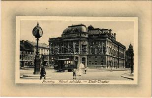 Pozsony, Pressburg, Bratislava; Városi színház, villamos, Bohr Ernő üzlete / theatre, tram, shop