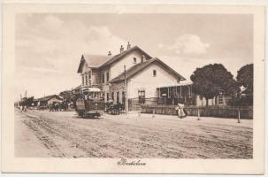 Pozsony, Pressburg, Bratislava; Újvárosi pályaudvar, vasútállomás, villamos. M. B. 17. 1923. / Neustadter Bahnhof / Nivy (Nové Mesto) railway station, tram (fl)