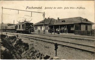 Fischamend, Bahnhof der elektr. Bahn Wien-Pressburg / Vienna-Bratislava Electric Railway Line station, train + "K.u.k. Militärgebäudeverwaltung Nr. 106. für die k.u.k. Luftschifferabteilung Fischamend"