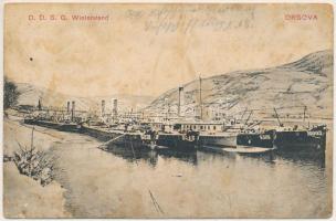 1916 Orsova, hajók téli állásban, uszályok, DGT téli kikötő / DDSG Winterstand / barges, winter port (EM)