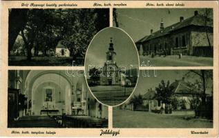 1944 Jobbágyi (Nógrád), Római katolikus templom és belseje és elemi iskola, utca, Gróf Apponyi kastély parkja. Homolya Hános kiadása (EK)