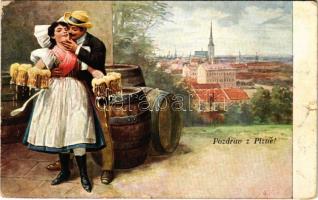 1907 Plzen, Pilsen; Art Nouveau montage with waitress holding a bunch of beer mugs, Josef Milt No. 3588. (tear)