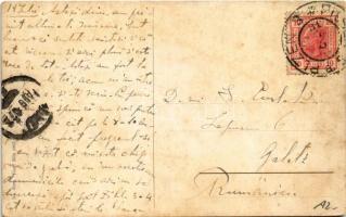 1907 Plzen, Pilsen; Art Nouveau montage with waitress holding a bunch of beer mugs, Josef Milt No. 3...