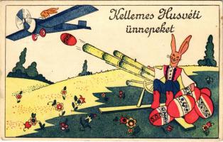 1942 Kellemes húsvéti ünnepeket! Repülőgépben ülő nyuszit tojás ágyúból támadva / Easter greeting, rabbit in an aircraft hit from an egg cannon (EK)