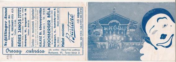 Budapest XIV. Alpesi Falu Barieté az Angol parkban. Cirkuszi reklámlap bohóccal. Kinyitható képeslap az 1943-as júliusi műsorral / Hungarian circus advertisement. Folding postcard with the July show (15 cm x 10,3 cm) (vágott / cut)