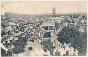 1914 Torda, Turda; látkép, piac, üzletek. Füssy József kiadása / general view, market, shops (felületi sérülés / surface damage)