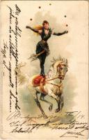 1901 Cirkuszi lovas akrobata / Circus acrobat on horse. Aus dem Circus Aquarell Künstlerkarten von L. Fränzl & Co. Nro. 1557. litho s: E. Schlemo (apró szakadás / tiny tear)