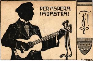 Nagyszeben, Hermannstadt, Sibiu; "Per aspera ad astra" kézzel rajzolt sziluett művészlap, studentika. Kunstanstalt Jos. Drotleff / hand-drawn silhouette art postcard, Studentica (vágott / cut)