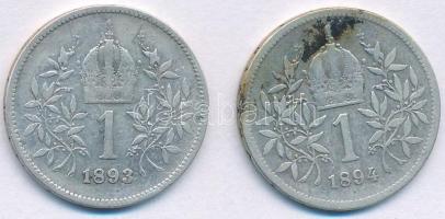 Ausztria 1893-1894. 1K Ag "Ferenc József" (2xklf) T:F patina Austria 1893-1894. 1 Corona A...
