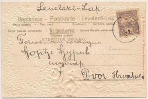 Dombornyomott virágos selyem üdvözlőlap / Art Nouveau embossed litho greeting silk card. A. Schwider...