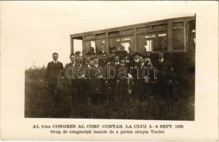 Kolozsvár, Cluj; Al 2-lea Congres al Corp. Contab. La Cluj 5-8 Sept. 1925. Grup de congresisti inainte de a parasi campia Turdei / kongresszusi képviselők csoportja, autóbusz / group of congressmen, autobus. photo (fa)