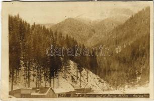 Bardu (?), Blick v. Bardu auf d. Baila (Karpathen) / Osztrák-magyar katonai tábor télen a Kárpátokban / WWI K.u.K. military camp in the Carpathian Mountains. photo (ragasztónyom / glue marks)