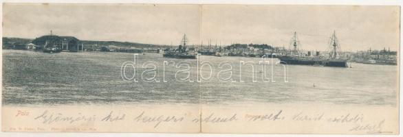 1901 Pola, Pula; Panorama. K.u.K. Kriegsmarine, Kriegshafen / osztrák-magyar haditengerészeti kikötő és hajógyár, hadihajók. 2-részes kihajtható panorámalap / Austro-Hungarian navy port and shipyard, battleships. 2-tiled folding panoramacard. Dep. M. Fischer. Phot. C. Sintich & Co. (hajtásnál szakadt / torn at fold)