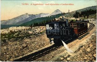 1909 Tátra, Magas-Tátra, Vysoké Tatry; A fogaskerekű vasút tájrészlete a Csorba-tóhoz, vonat, gőzmozdony. Feitzinger Ede No. 252. 1908/18. / Zahnradbahn / Cog-wheel railway to Strbské pleso, locomotive, train (EK)